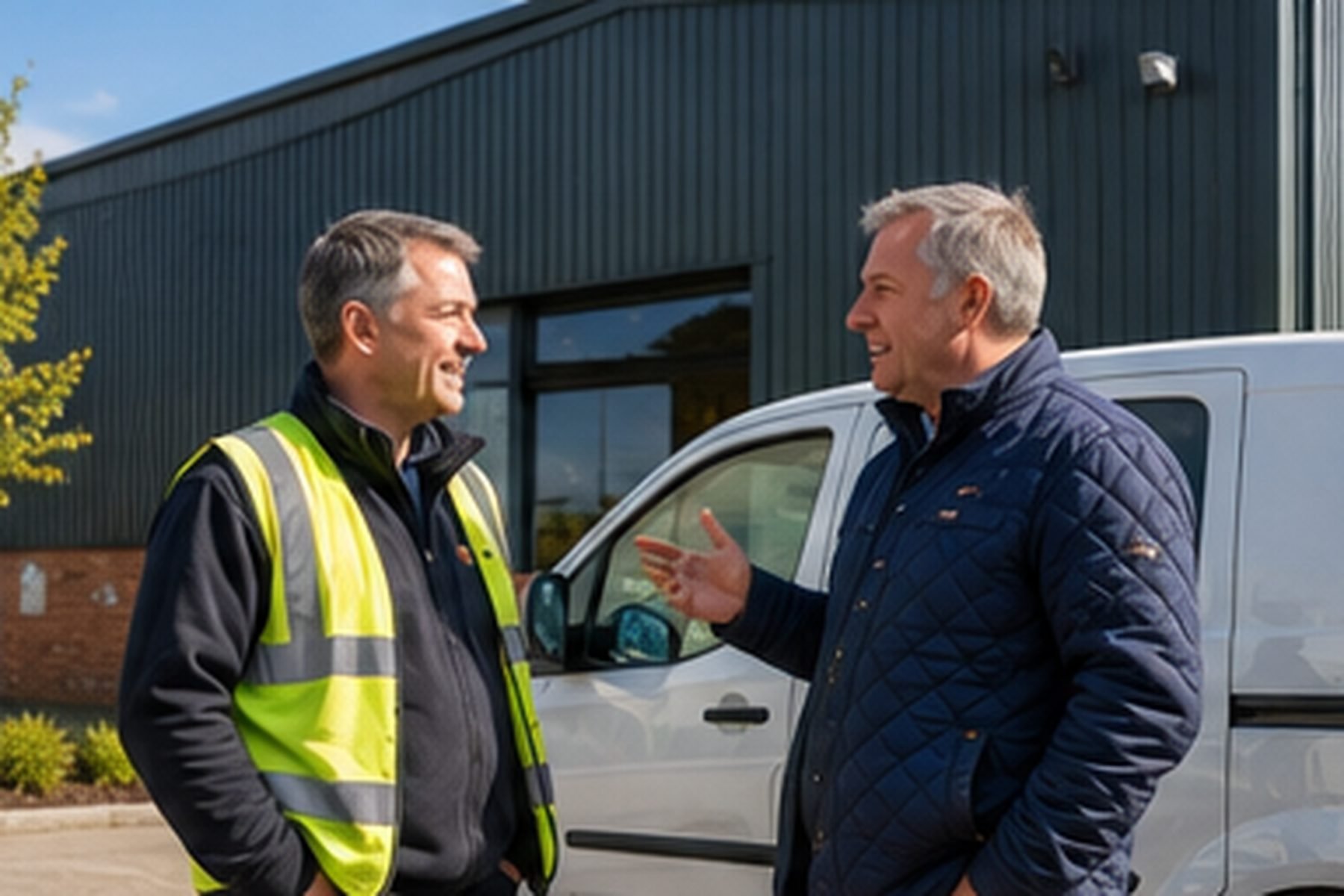 Two people talking beside a van outside a business unit, one wearing a hi-vis vest