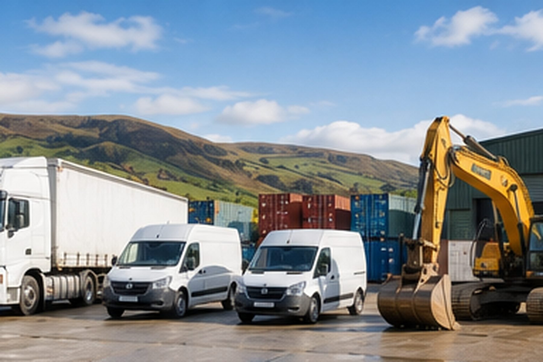 A mixed fleet yard with a lorry, van and excavator lined up against Scottish hills