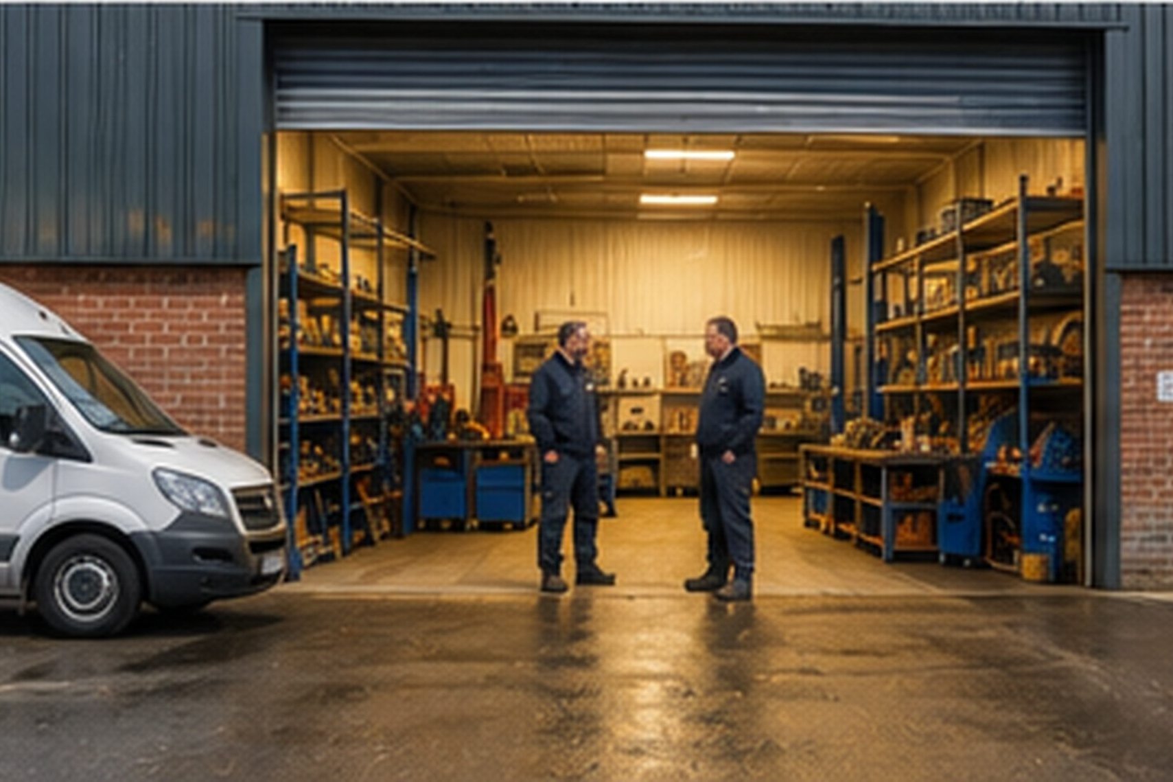 A small workshop unit with the shutter up and a van outside