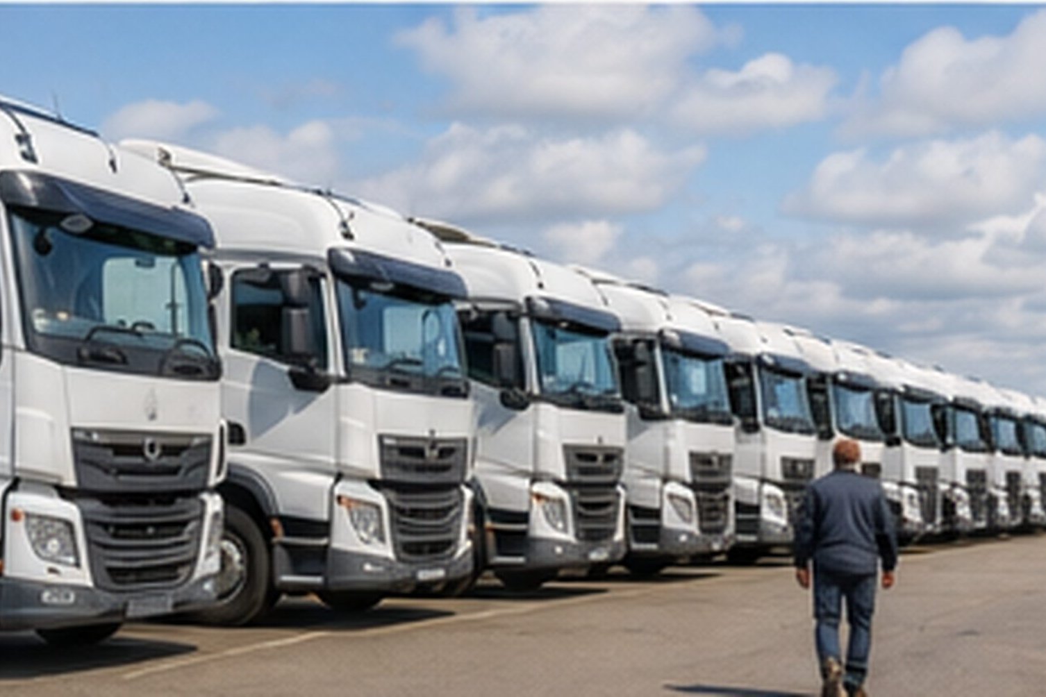 A row of articulated lorries lined up at a haulage depot