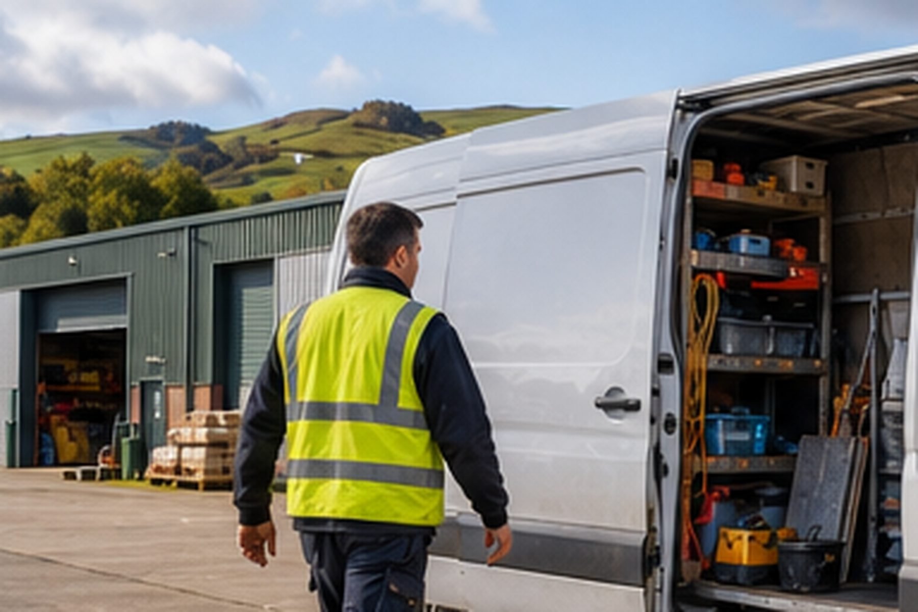 A tradesperson in a hi-vis vest beside their work van on a depot forecourt, with Scottish hills behind